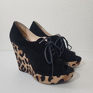 Prada Black Suede Leopard Pony Hair Wedge Platform Heels Size 39